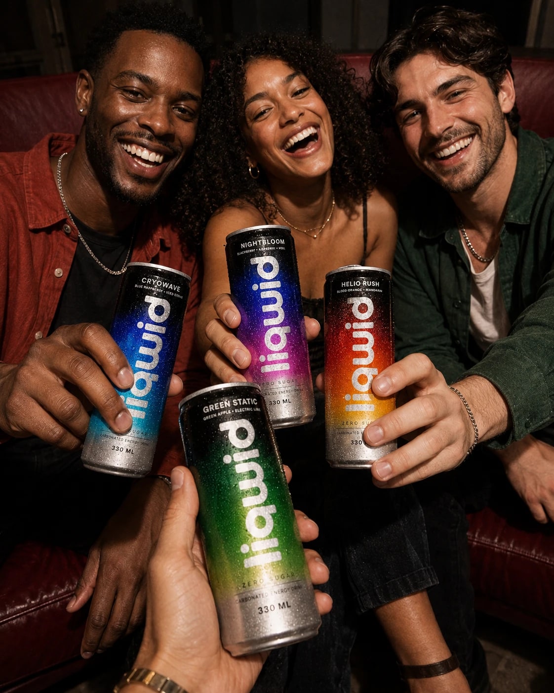Three friends laughing together on a sofa, raising chilled LIQWID cans for a toast.