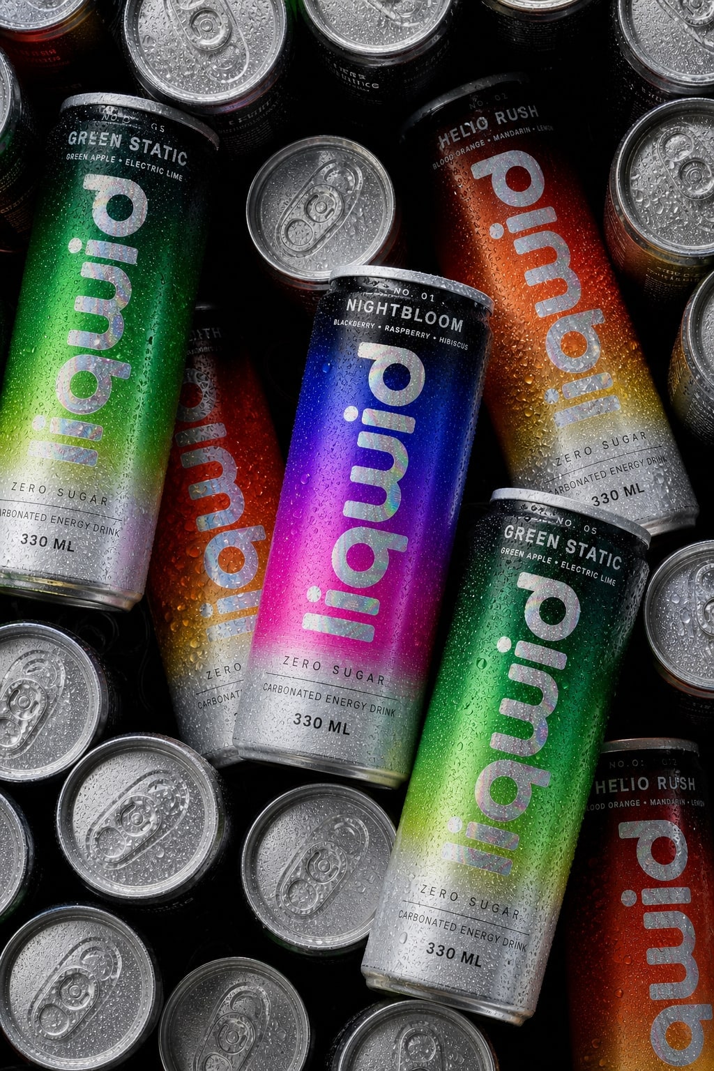 A hand reaching for a Green Static can in a fridge stocked with colourful LIQWID cans.