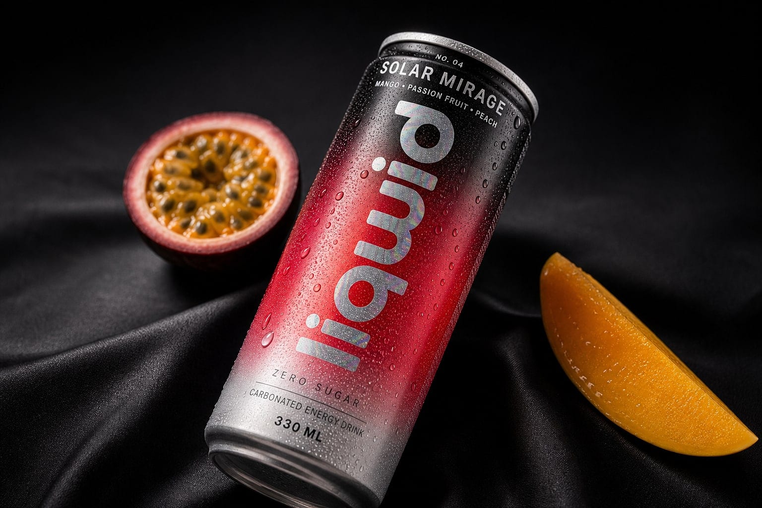 A Solar Mirage can lying on black satin between a halved passion fruit and a slice of mango.