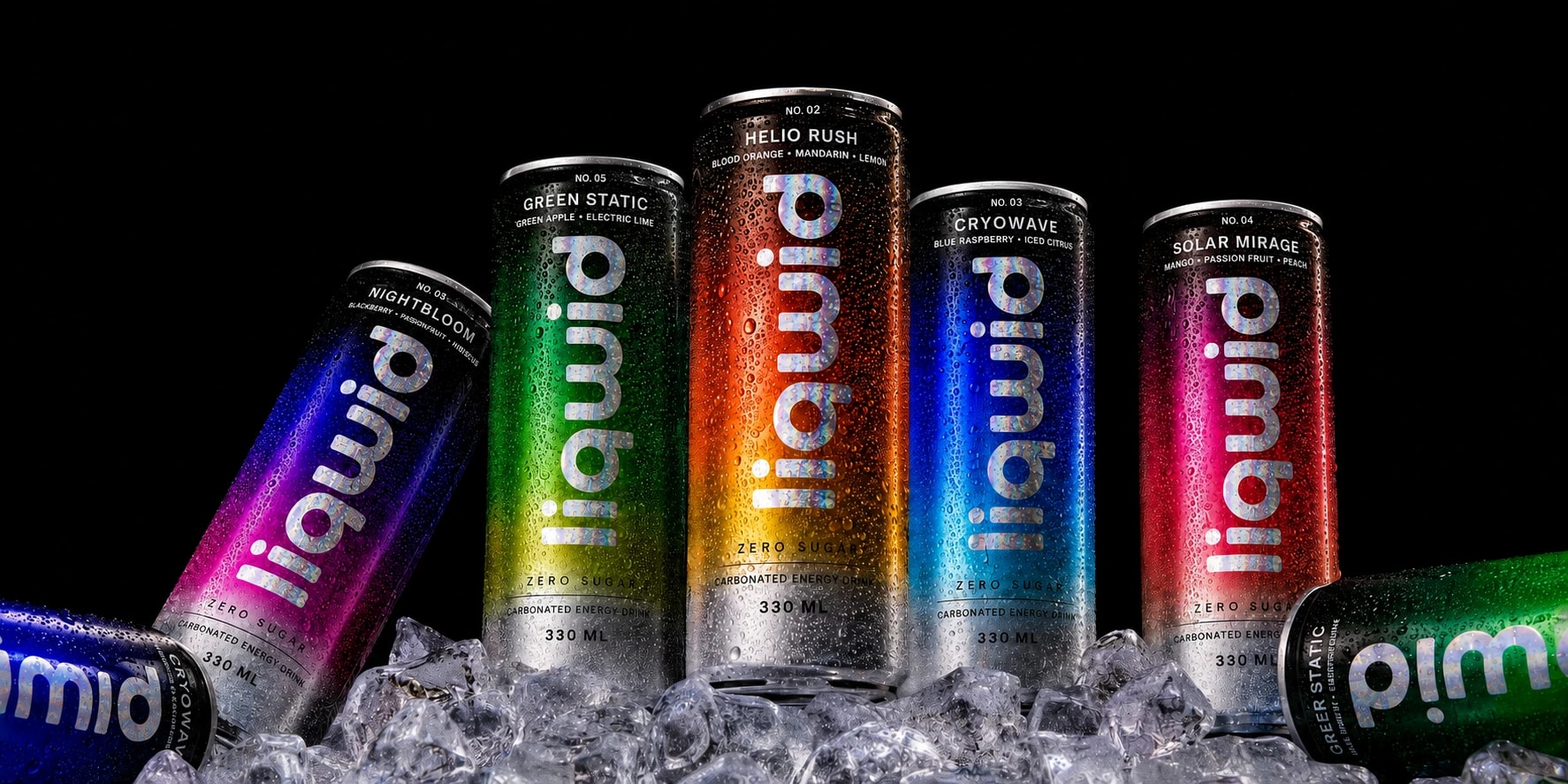 Colourful LIQWID cans with holographic silver logos arranged on clear ice against black.